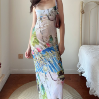 Printed chic elastic mesh long dress sexy slim backless slit suspender skirt - Thumbnail 3