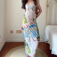 Printed chic elastic mesh long dress sexy slim backless slit suspender skirt - Thumbnail 5