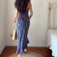 Retro Hong Kong style blue collar slim waist sleeveless floral suspender dress - Thumbnail 4