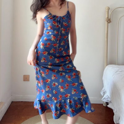 Retro hong kong style blue collar slim waist sleeveless floral suspender dress