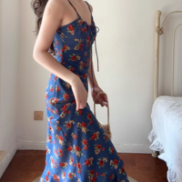 Retro Hong Kong style blue collar slim waist sleeveless floral suspender dress - Thumbnail 2