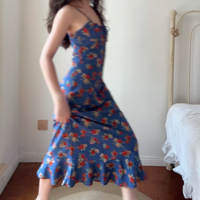 Retro Hong Kong style blue collar slim waist sleeveless floral suspender dress - Thumbnail 6