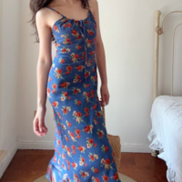 Retro Hong Kong style blue collar slim waist sleeveless floral suspender dress - Thumbnail 1