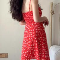Casual chest drawstring dress with red floral pattern - Thumbnail 2