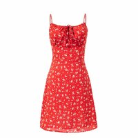 Casual chest drawstring dress with red floral pattern - Thumbnail 3
