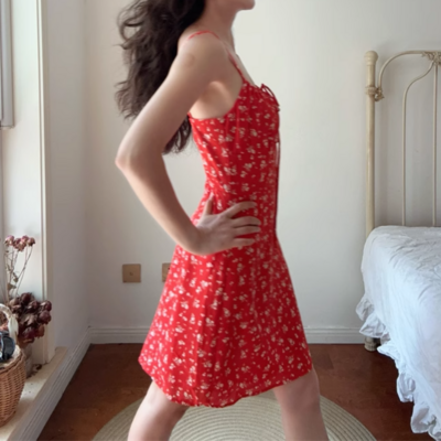 Casual chest drawstring dress with red floral pattern