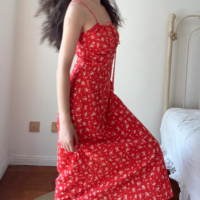 Casual chest drawstring dress with red floral pattern - Thumbnail 2