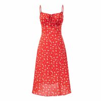Casual chest drawstring dress with red floral pattern - Thumbnail 3