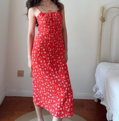Casual chest drawstring dress with red floral pattern