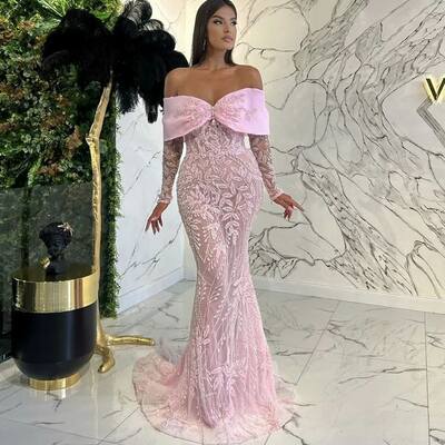 Pink sheath prom dresses off the shoulder lace evening gowns formal party gowns