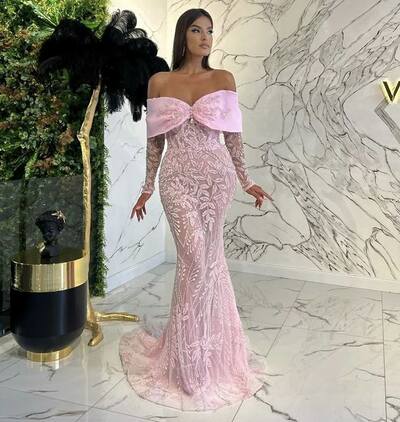 Pink Sheath Prom Dresses Off the Shoulder Lace Evening Gowns Formal Party Gowns