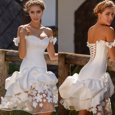 Knee length wedding dresses short bridal gown with handmade flowers
