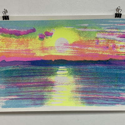 Barnegat bay sunset  multi-colored screen print 12 by 18 