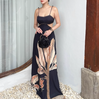 Casual style off-waist tie-waist printed dress - Thumbnail 3