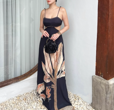 Casual style off-waist tie-waist printed dress