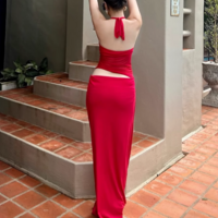 Retro fake two-piece halter neck V-neck hollow mesh dress - Thumbnail 3