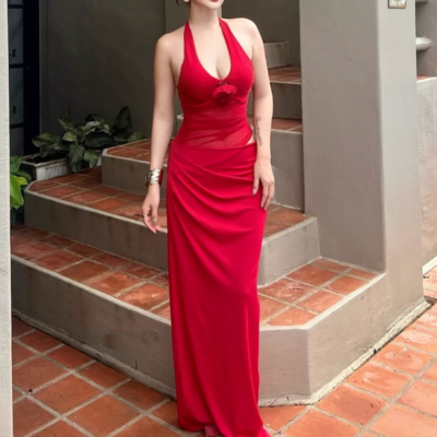 Retro fake two-piece halter neck v-neck hollow mesh dress - Thumbnail 3