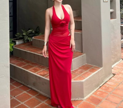 Retro fake two-piece halter neck V-neck hollow mesh dress