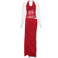 Retro fake two-piece halter neck V-neck hollow mesh dress - Thumbnail 6