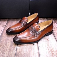 Men's top layer cowhide casual leather shoes slip-on business loafers 2 colors - Thumbnail 2
