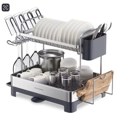 Songmics 2-tier dish drying rack – stainless steel kitchen counter organizer with 360° drain spout, utensil & cup holders