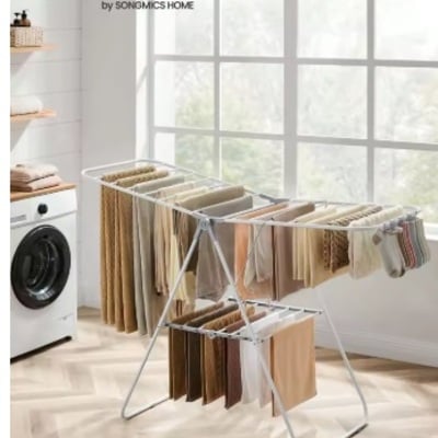 Songmics foldable clothes drying rack – heavy-duty laundry airer with adjustable wings, 33 rods, 27 clips, and rust-resistant steel frame