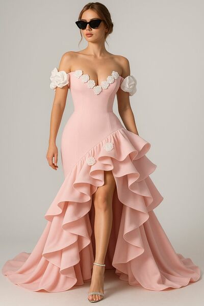 Pink Prom Dresses Ball Gown Tiered Evening Gowns Formal Party Gowns