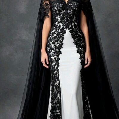 Black and white wedding dress, lace bridal dress bridal gown