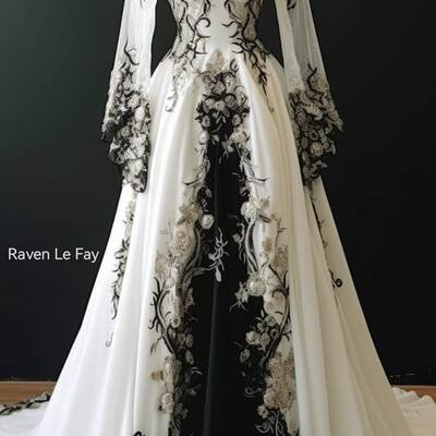 Gothic wedding dress, black and white lace appliques bridal dress bridal gown