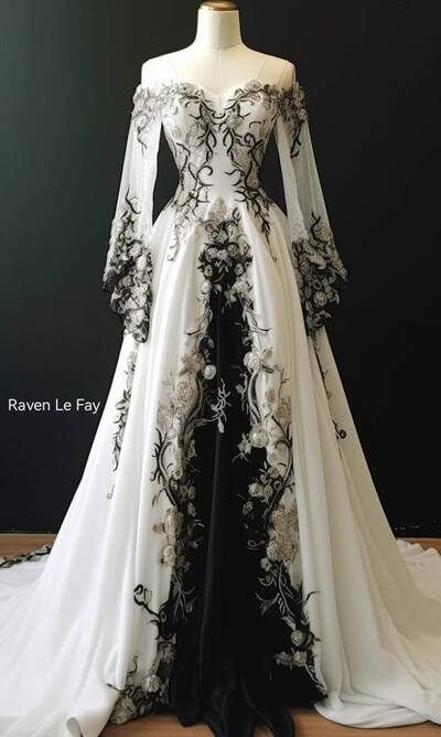 Gothic Wedding Dress, Black and White Lace Appliques Bridal Dress Bridal Gown