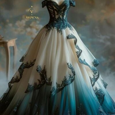 Gothic wedding dress, dyed blue lace appliques bridal dress bridal gown