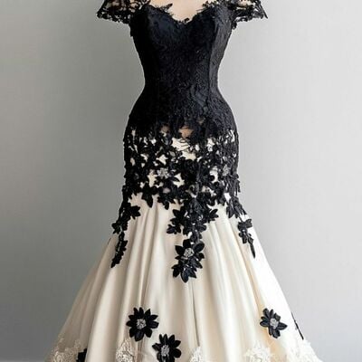 Black and white wedding dress, gothic lace appliques bridal dress bridal gown