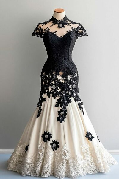 Black and White Wedding Dress, Gothic Lace Appliques Bridal Dress Bridal Gown