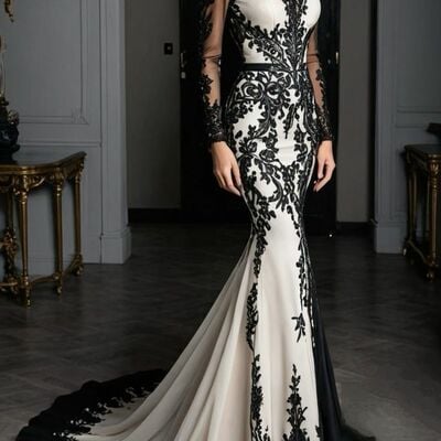 Black and white wedding dress, gothic lace appliques bridal dress bridal gown