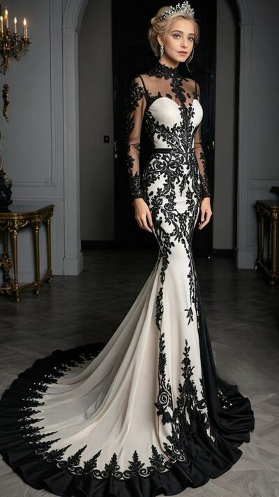 Black and White Wedding Dress, Gothic Lace Appliques Bridal Dress Bridal Gown