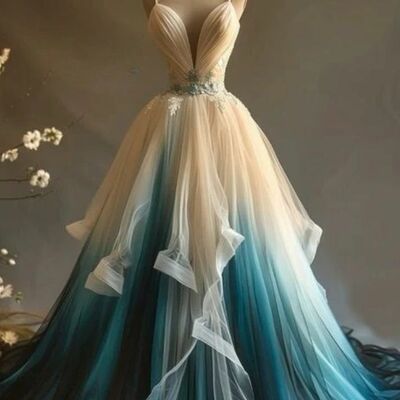 Gothic wedding dress, dyed blue lace appliques bridal dress bridal gown - Thumbnail 1