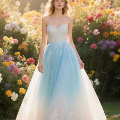 Dyed blue wedding dress, lace appliques bridal dress bridal gown