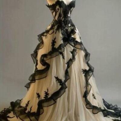 Gothic wedding dress, ball gown lace appliques bridal dress bridal gown
