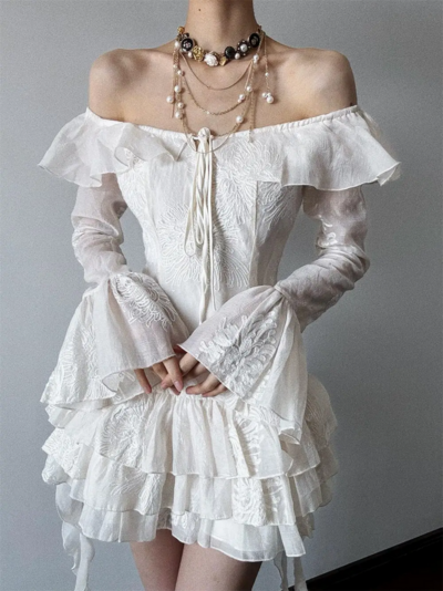 Y2K Embroidered Flower Flare Sleeve Dress 