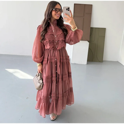 Elegant Hollow Out Embroidered Patchwork A-Line Maxi Dress
