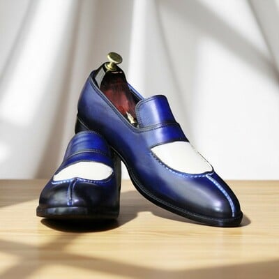 Men's stylish hand painted blue white loafer shoes, leather split toe shoes