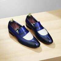 Men's Stylish Hand Painted Blue White Loafer Shoes, Leather Split Toe Shoes - Thumbnail 2