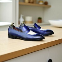 Men's Stylish Hand Painted Blue White Loafer Shoes, Leather Split Toe Shoes - Thumbnail 3