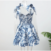 Vintage Blue Floral Lace-Up A-Line Dress - Thumbnail 8