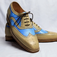 Crafted Leather Handmade Men Beige Blue Leather Lace up Oxford Dress Shoes - Thumbnail 1