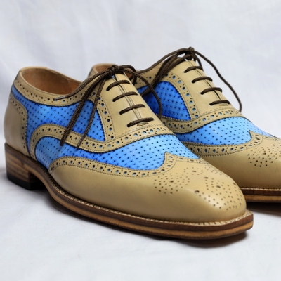 Crafted leather handmade men beige blue leather lace up oxford dress shoes - Thumbnail 4