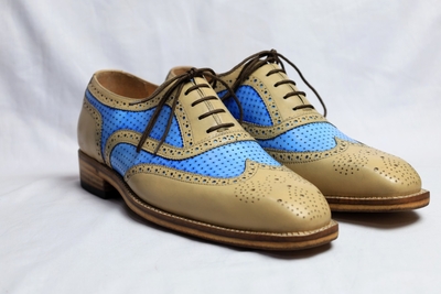 Crafted Leather Handmade Men Beige Blue Leather Lace up Oxford Dress Shoes