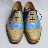 Crafted Leather Handmade Men Beige Blue Leather Lace up Oxford Dress Shoes - Thumbnail 2