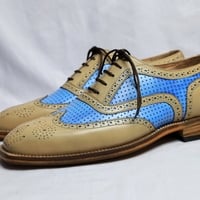 Crafted Leather Handmade Men Beige Blue Leather Lace up Oxford Dress Shoes - Thumbnail 3