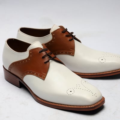Crafted leather handmade men two tone brown white leather dress shoes  - Thumbnail 3